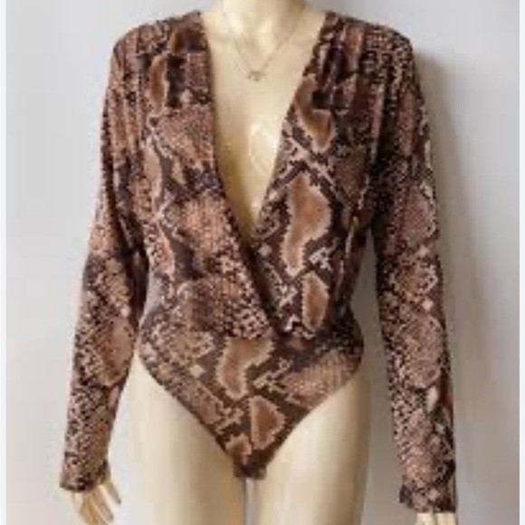 Zara Long Sleeve Brown Snakeskin Body Suit - Picture 3 of 7